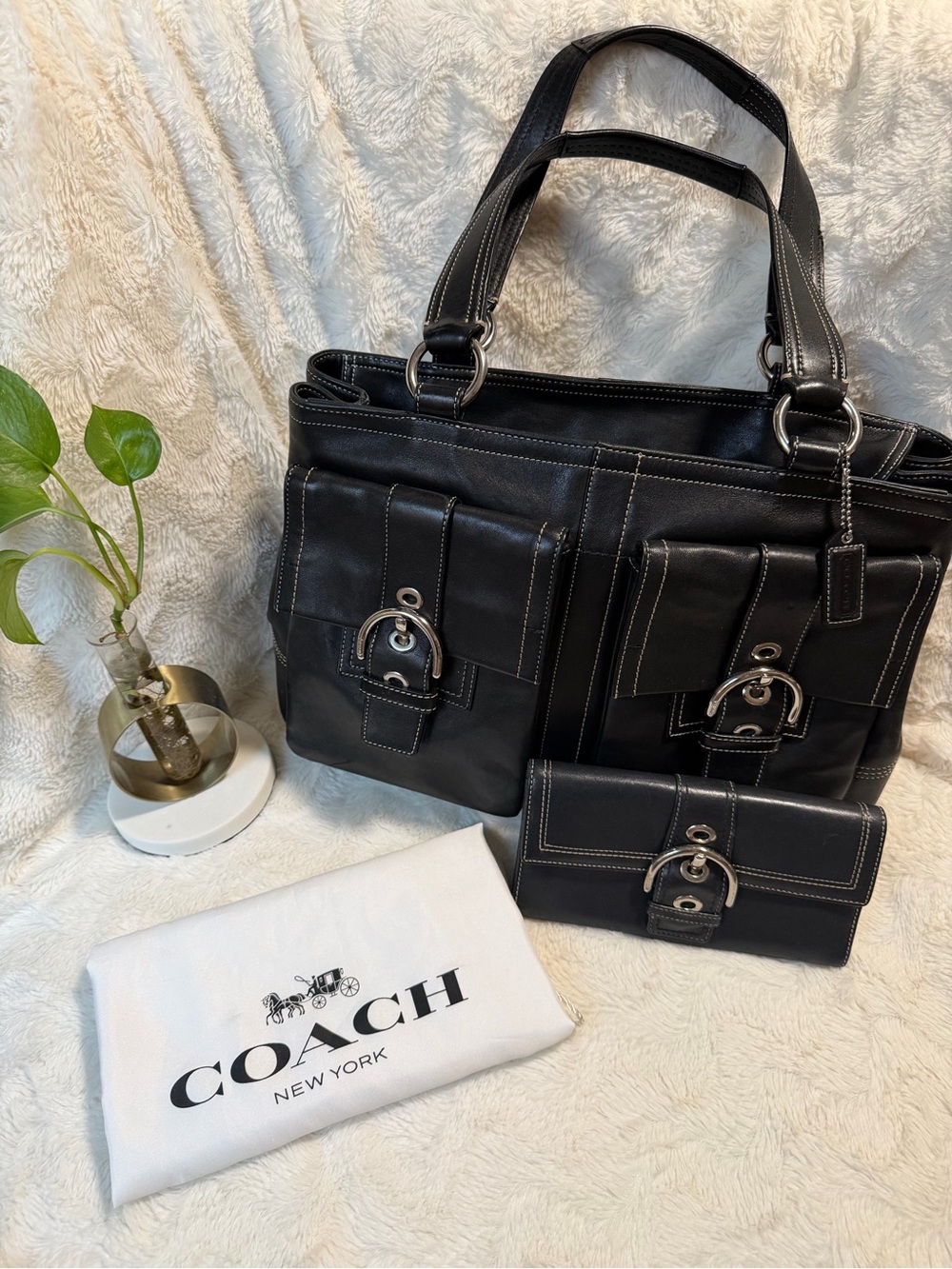 Amazing Y2K Coach SoHo bundle Black Leather Brief Tote with Matching Wallet